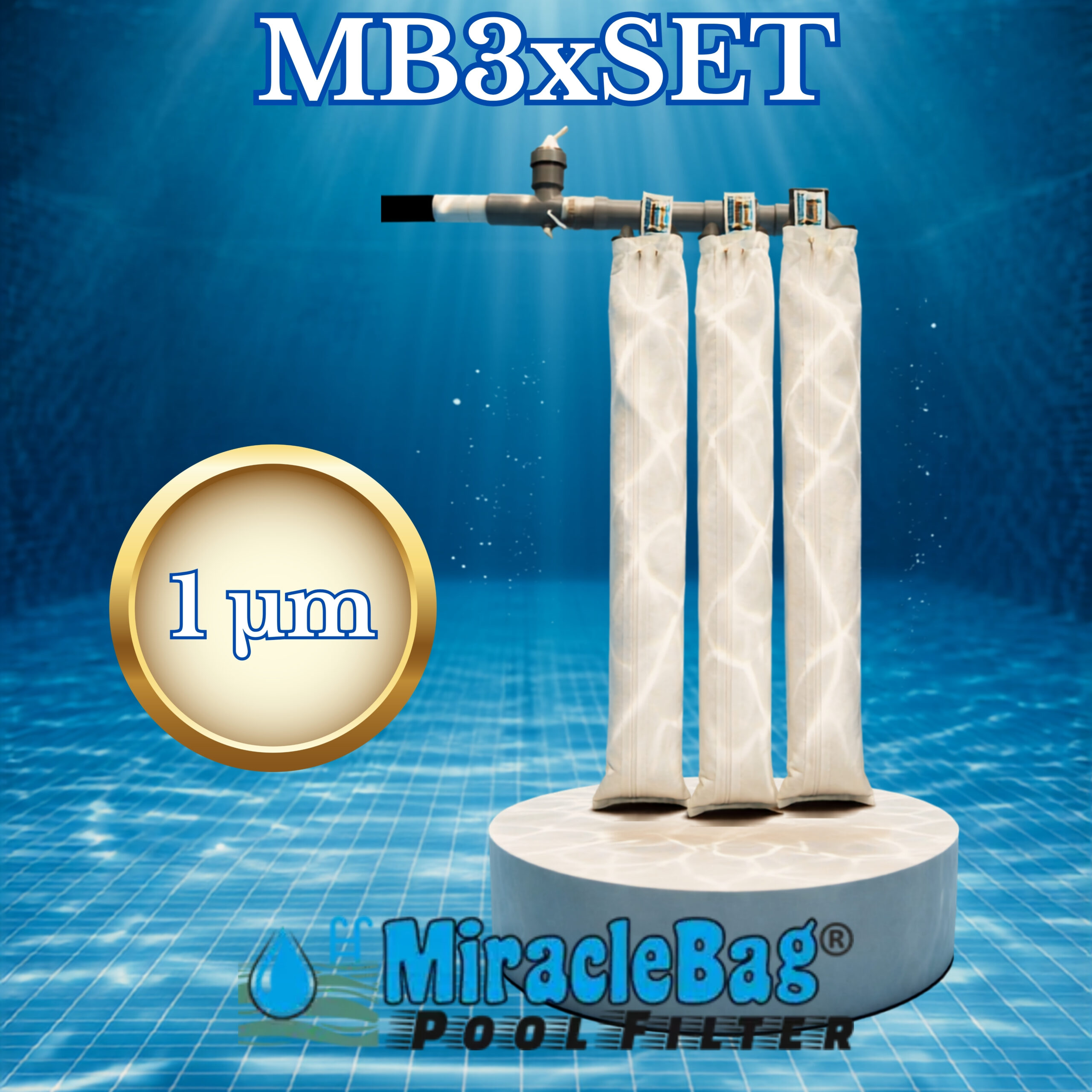 Eredeti Strausz-féle Csodazsák (Miraclebag©). (MB3xSet) 1 mikron 15-50 m³-ig. 3 darabos kezdőszett biztonsági szeleppel. 0,6 m² szűrő felület. Ez kell Önnek nagyobb medencékhez. Homokszűrő helyett is. 100 cm.