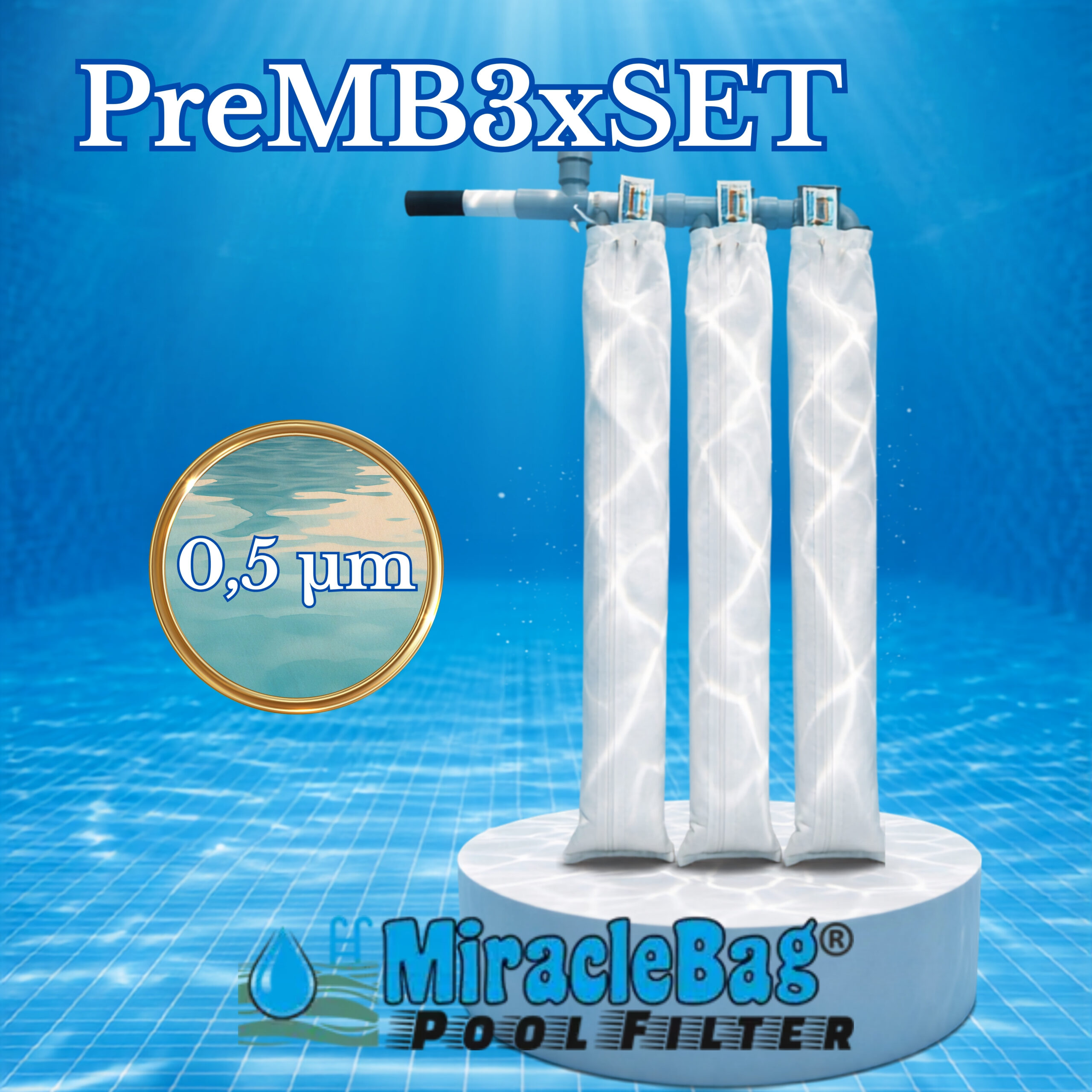 Eredeti Strausz-féle Csodazsák (Miraclebag©). (PreMB3xSet) 0,5 mikron 15-50 m³-ig. 3 darabos extrafinom kezdőszett biztonsági szeleppel. 0,6 m² szűrő felület. Ez kell Önnek nagyobb medencékhez. Homokszűrő helyett is. 100 cm.